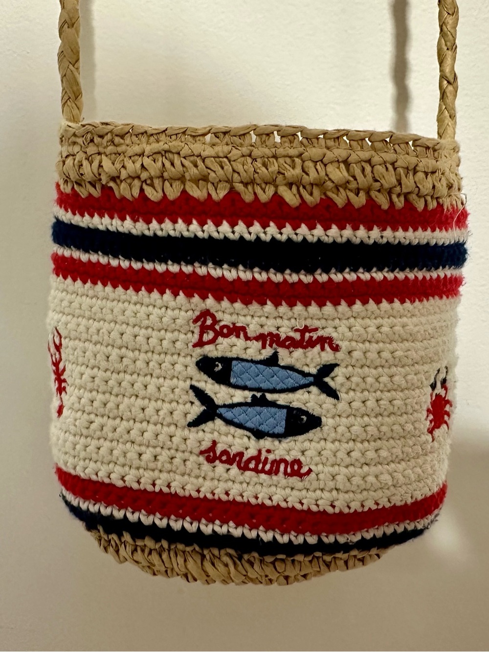 ZARA mini cross-body bag sardine motif straw/rafia and crochet cream /red / blue